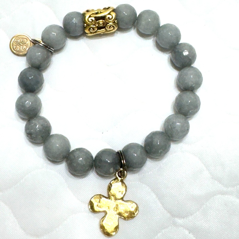 Grace Elliot Grey Blue Gemstone Cross Faith Religious Bracelet Stretch